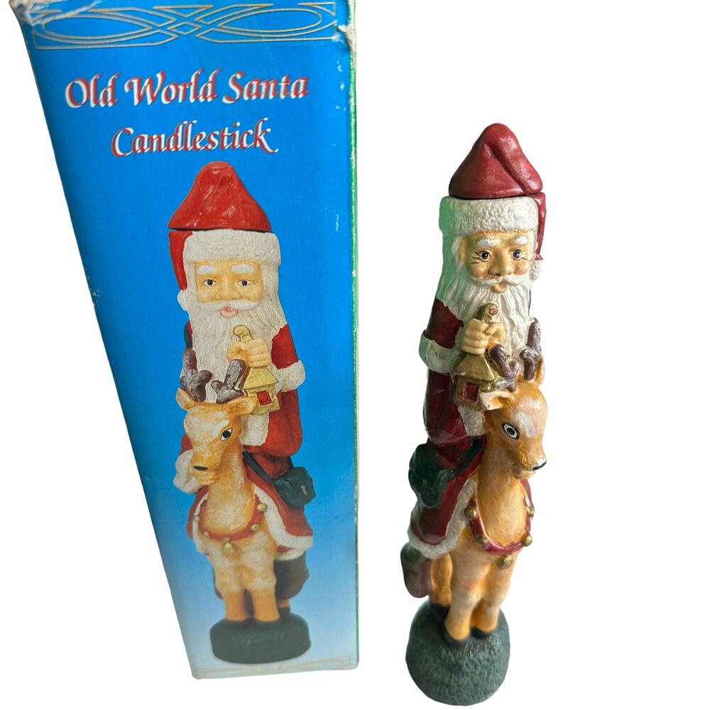 Vintage Old World Santa Candlestick Christmas Santa & Reindeer w/ Box